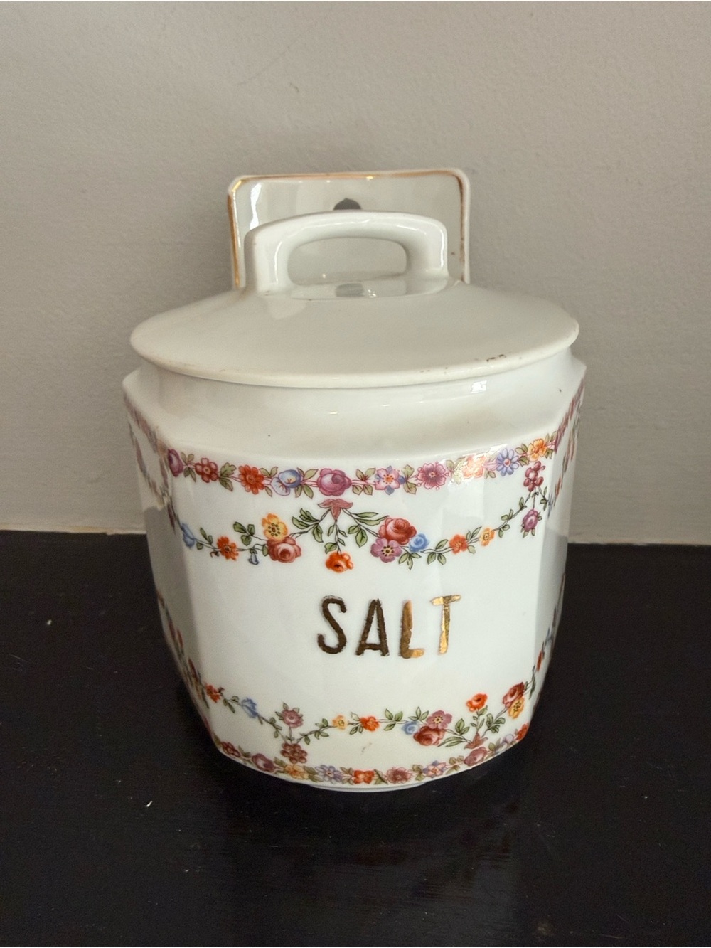 Vintage White Floral Porcelain Salt Jar with Gold Lettering